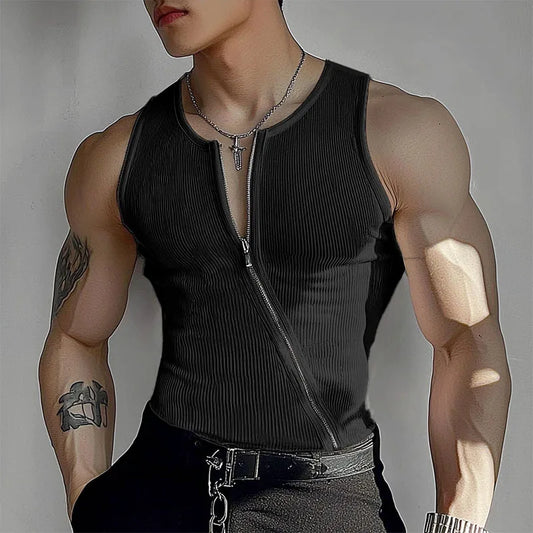 a sexy man in black The Main Drag Zip Rib Vest - pridevoyageshop.com - gay men’s harness, lingerie and fetish wear