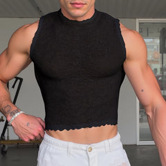 a sexy man in black The Parlor Boy Lace Tank – pridevoyageshopcom – gay mens clubwear mesh tanks crop tops fashion tops partywear activewear
