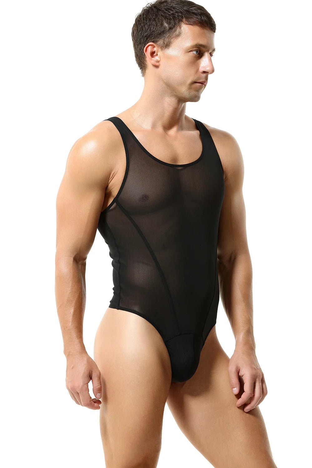a sexy man in black The Preview Sheer Bodysuit – pridevoyageshop.com – gay men’s harness, lingerie and fetish wear