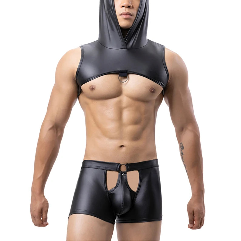a sexy man in black The Stranger Hooded Chest Harness Set – pridevoyageshop.com – gay men’s harness, lingerie and fetish wear