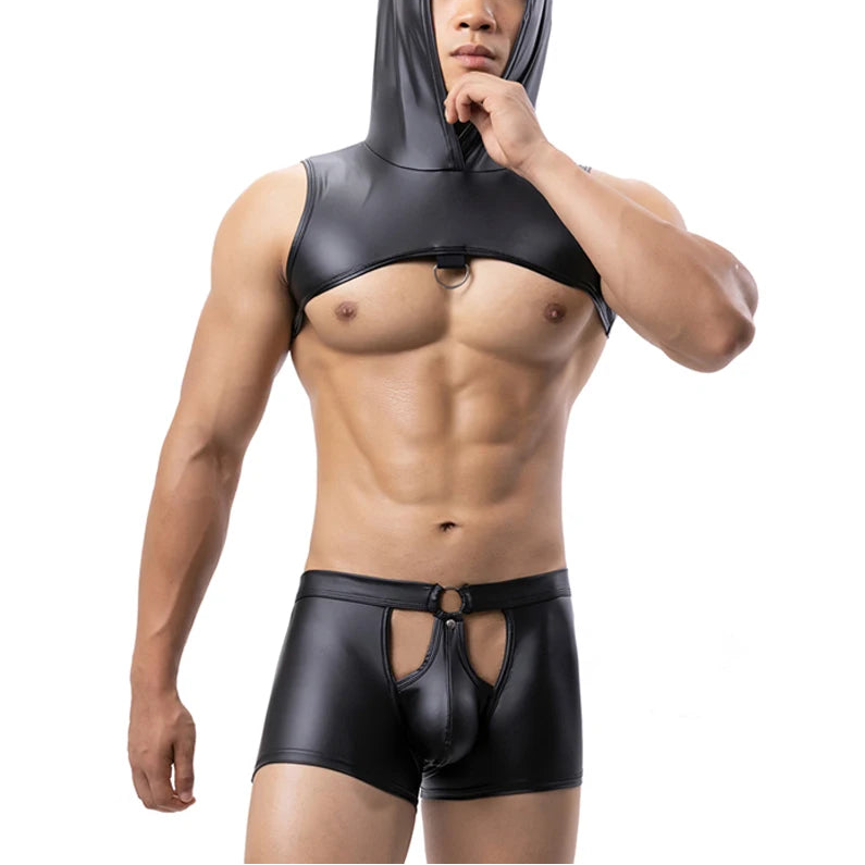 a sexy man in black The Stranger Hooded Chest Harness Set – pridevoyageshop.com – gay men’s harness, lingerie and fetish wear