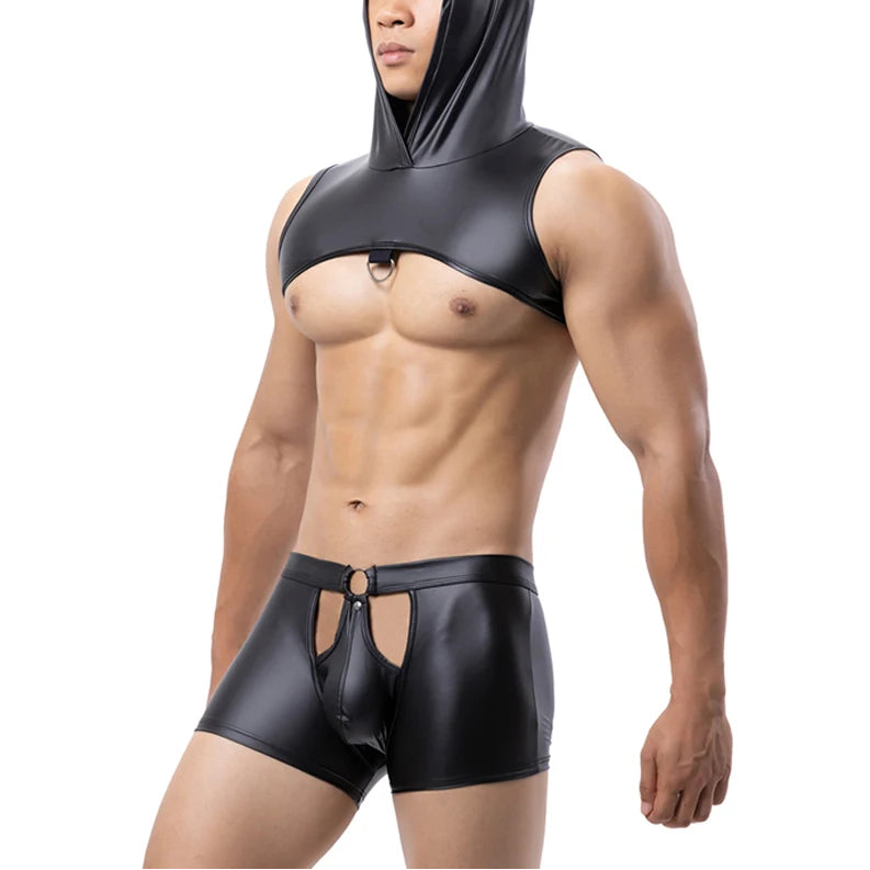 a sexy man in black The Stranger Hooded Chest Harness Set – pridevoyageshop.com – gay men’s harness, lingerie and fetish wear