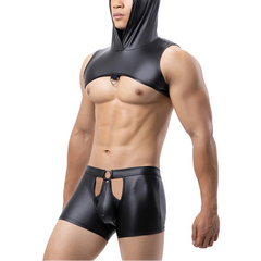 a sexy man in black The Stranger Hooded Chest Harness Set – pridevoyageshop.com – gay men’s harness, lingerie and fetish wear