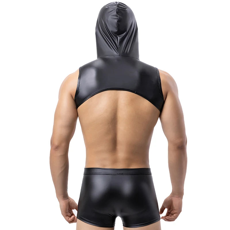 a sexy man in black The Stranger Hooded Chest Harness Set – pridevoyageshop.com – gay men’s harness, lingerie and fetish wear