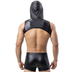 a sexy man in black The Stranger Hooded Chest Harness Set – pridevoyageshop.com – gay men’s harness, lingerie and fetish wear