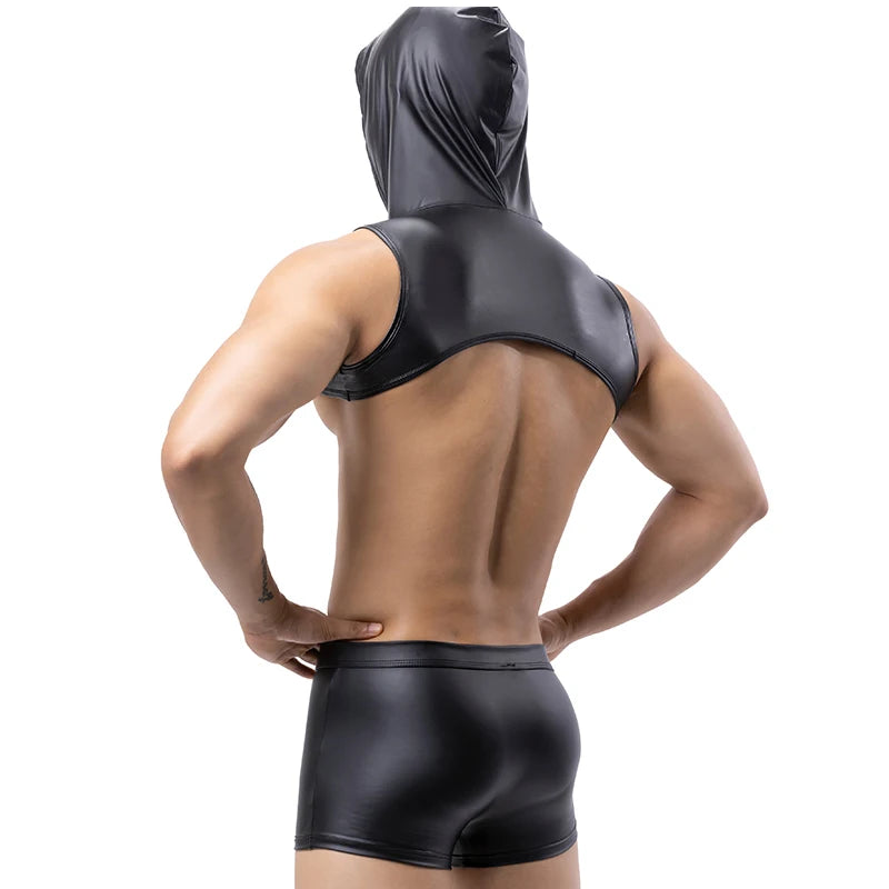 a sexy man in black The Stranger Hooded Chest Harness Set – pridevoyageshop.com – gay men’s harness, lingerie and fetish wear