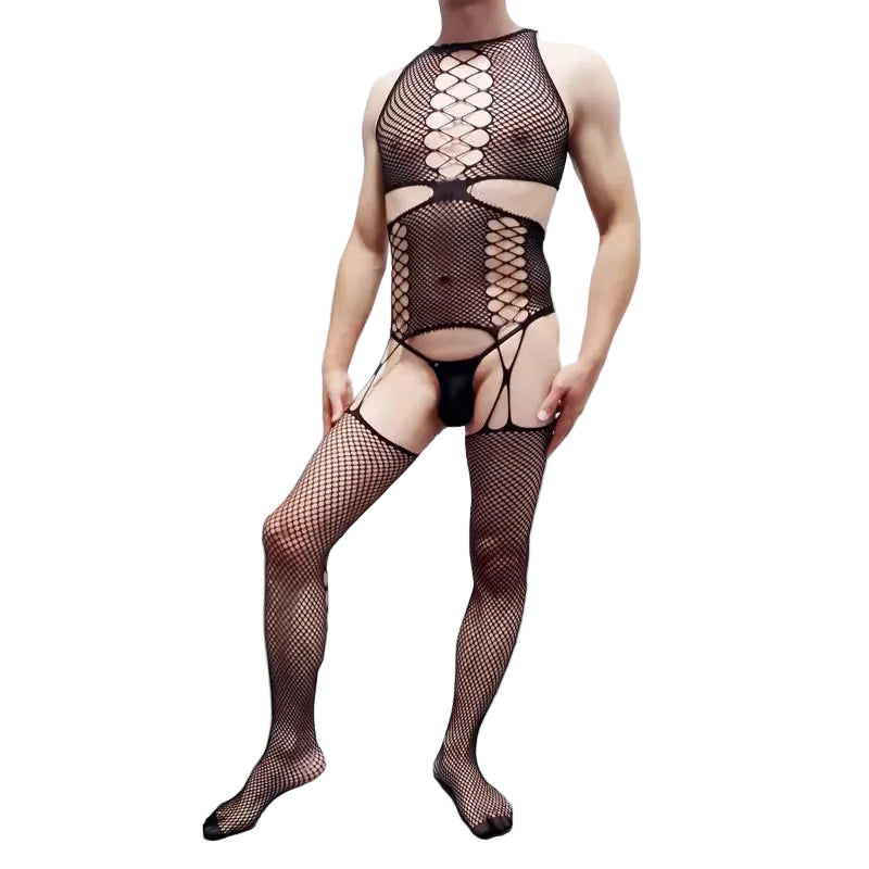 a sexy man in black Trade Route Suspender Bodystocking - pridevoyageshop.com - gay men’s harness, lingerie and fetish wear