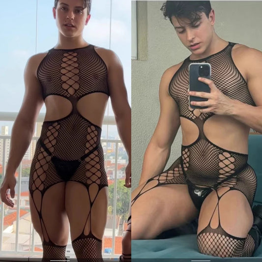 a sexy man in black Trade Route Suspender Bodystocking - pridevoyageshop.com - gay men’s harness, lingerie and fetish wear