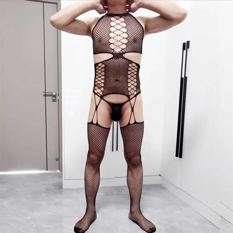 a sexy man in black Trade Route Suspender Bodystocking - pridevoyageshop.com - gay men’s harness, lingerie and fetish wear