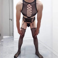 a sexy man in black Trade Route Suspender Bodystocking - pridevoyageshop.com - gay men’s harness, lingerie and fetish wear