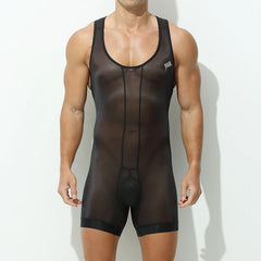 a sexy man in black Uncensored Sheer-Stripe Singlet, transparent stripe mesh body paneling, erotic tight fit, seductive fetish athletic vibe – pridevoyageshop.com – gay men’s harness, lingerie and fetish wear