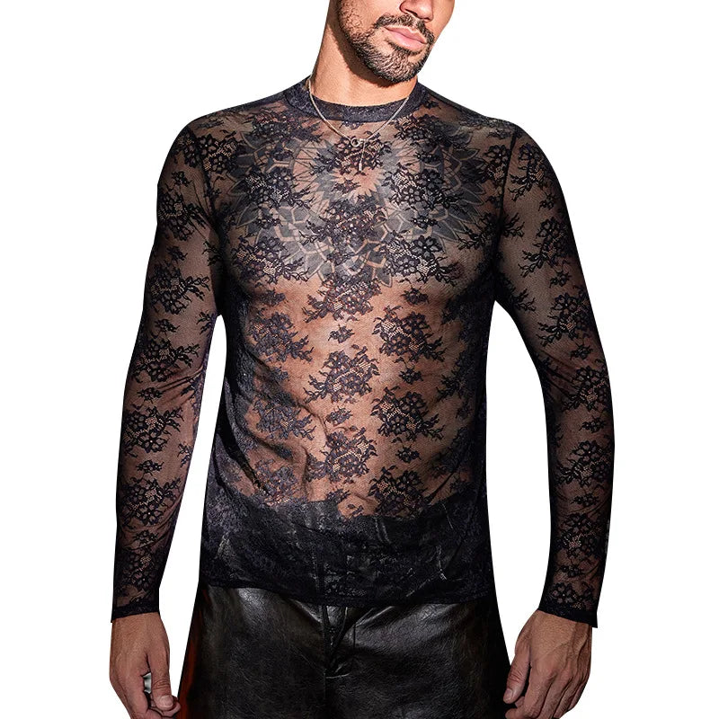 a sexy man in black Velvet Gossip Lace Tee - pridevoyageshop.com - gay men’s harness, lingerie and fetish wear
