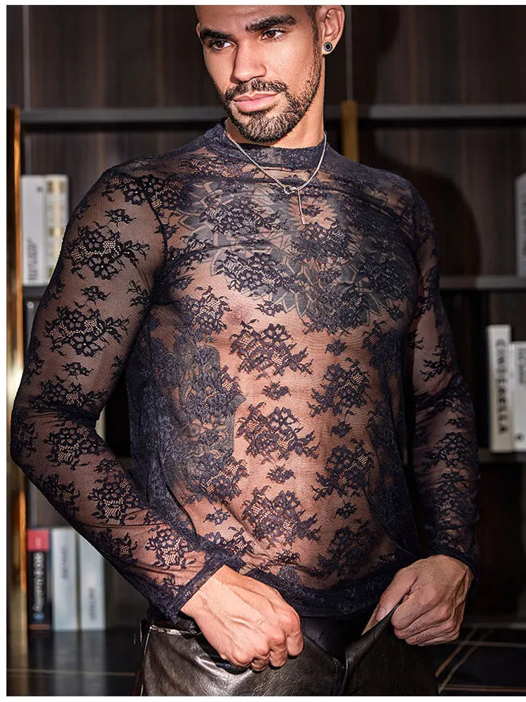 a sexy man in black Velvet Gossip Lace Tee - pridevoyageshop.com - gay men’s harness, lingerie and fetish wear