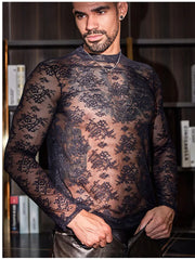 a sexy man in black Velvet Gossip Lace Tee - pridevoyageshop.com - gay men’s harness, lingerie and fetish wear