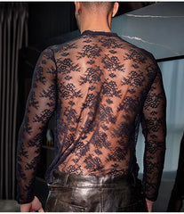 a sexy man in black Velvet Gossip Lace Tee - pridevoyageshop.com - gay men’s harness, lingerie and fetish wear