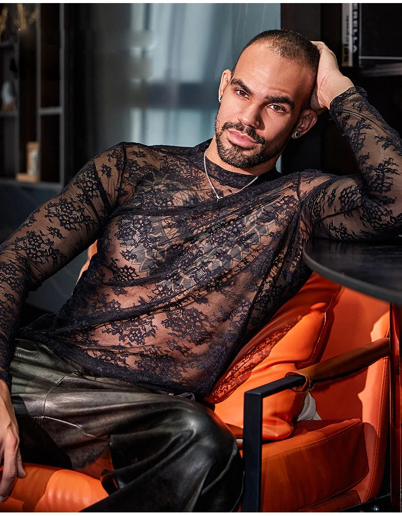 a sexy man in black Velvet Gossip Lace Tee - pridevoyageshop.com - gay men’s harness, lingerie and fetish wear