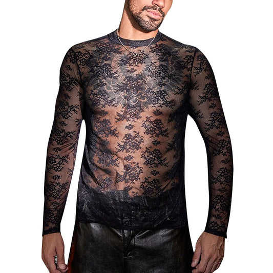 a sexy man in black Velvet Gossip Lace Tee - pridevoyageshop.com - gay men’s harness, lingerie and fetish wear