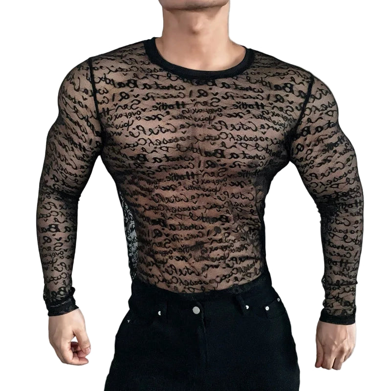 a sexy man in black Velvet Rumor Script Long Mesh Sleeve - pridevoyageshop.com - gay men’s harness, lingerie and fetish wear