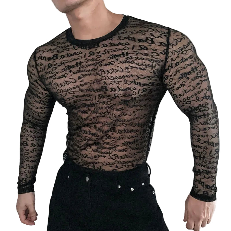 a sexy man in black Velvet Rumor Script Long Mesh Sleeve - pridevoyageshop.com - gay men’s harness, lingerie and fetish wear