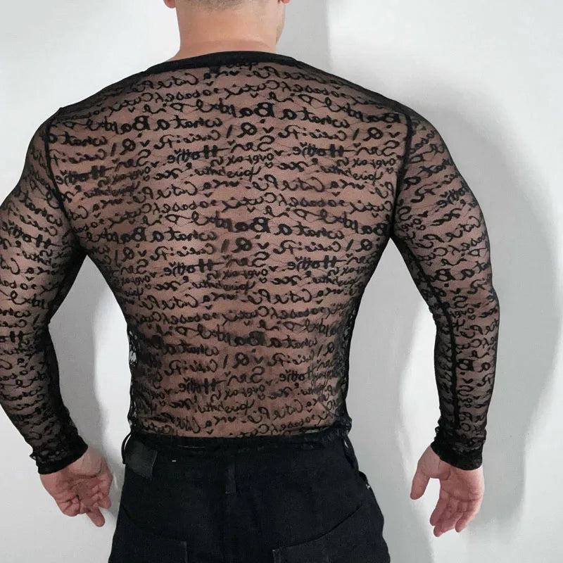 a sexy man in black Velvet Rumor Script Long Mesh Sleeve - pridevoyageshop.com - gay men’s harness, lingerie and fetish wear
