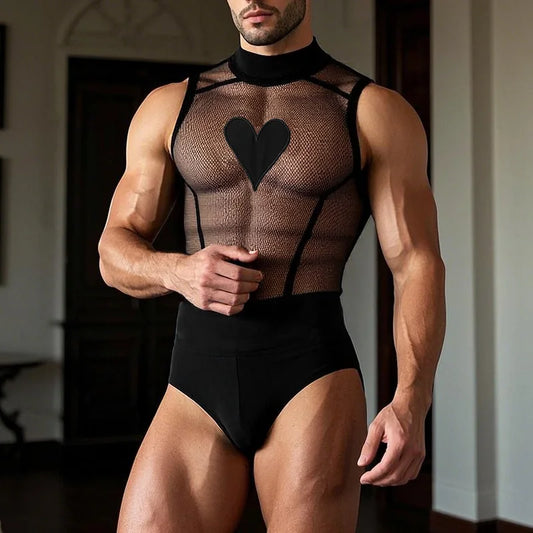 a sexy man in black Wear My Heart Out Mesh Bodysuit – pridevoyageshopcom – gay mens clubwear mesh tanks crop tops fashion tops partywear activewear