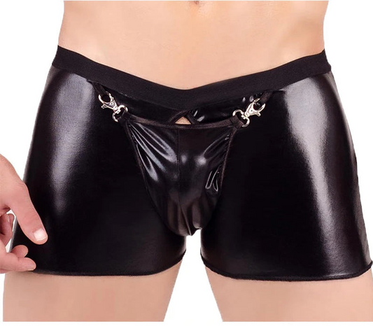 a sexy man in black Zipped Backdoor and Hooked Front PU Leather Wetlook Fetish Boxers - pridevoyageshop.com - gay men’s thongs, boxers, briefs and jockstraps