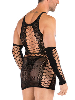 a sexy man in black butterfly lace corset set with garter straps and matching thong, sheer lace butterfly wings on chest – pridevoyageshop.com – gay men’s harness, lingerie and fetish wear
