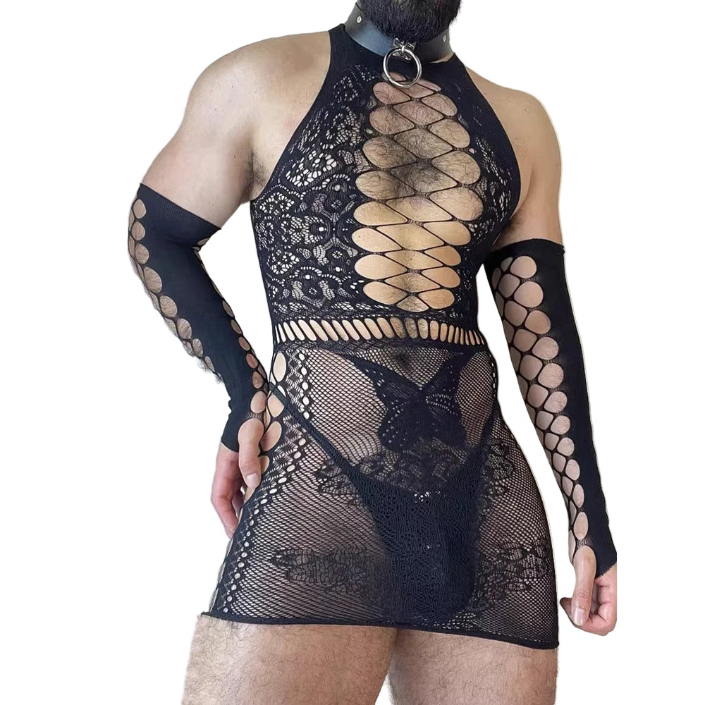 a sexy man in black butterfly lace corset set with garter straps and matching thong, sheer lace butterfly wings on chest – pridevoyageshop.com – gay men’s harness, lingerie and fetish wear
