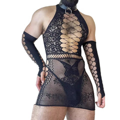 a sexy man in black butterfly lace corset set with garter straps and matching thong, sheer lace butterfly wings on chest – pridevoyageshop.com – gay men’s harness, lingerie and fetish wear