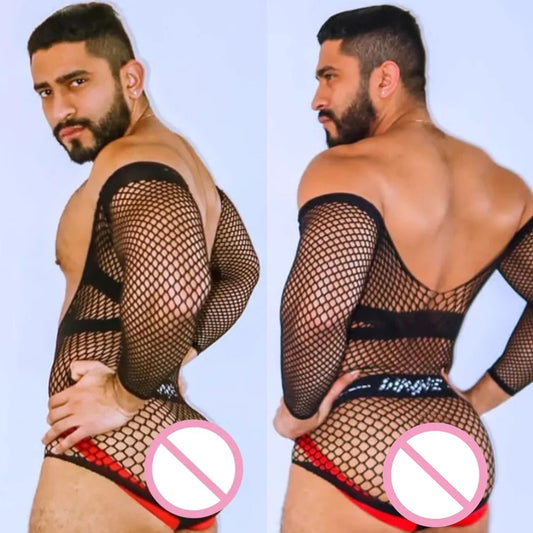 a sexy man in black cold-shoulder fishnet bodysuit, exposed shoulders, tight mesh fit hugging torso and hips – pridevoyageshop.com – gay men’s harness, lingerie and fetish wear
