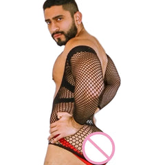 a sexy man in black cold-shoulder fishnet bodysuit, exposed shoulders, tight mesh fit hugging torso and hips – pridevoyageshop.com – gay men’s harness, lingerie and fetish wear