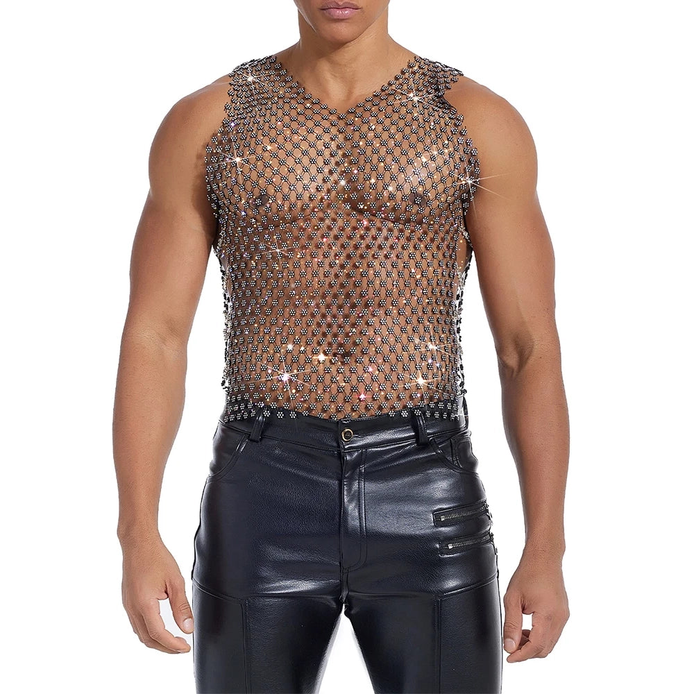 a sexy man in black crystal net tank showing toned torso and sparkle mesh detailing – pridevoyageshop.com – gay men’s harness, lingerie and fetish wear