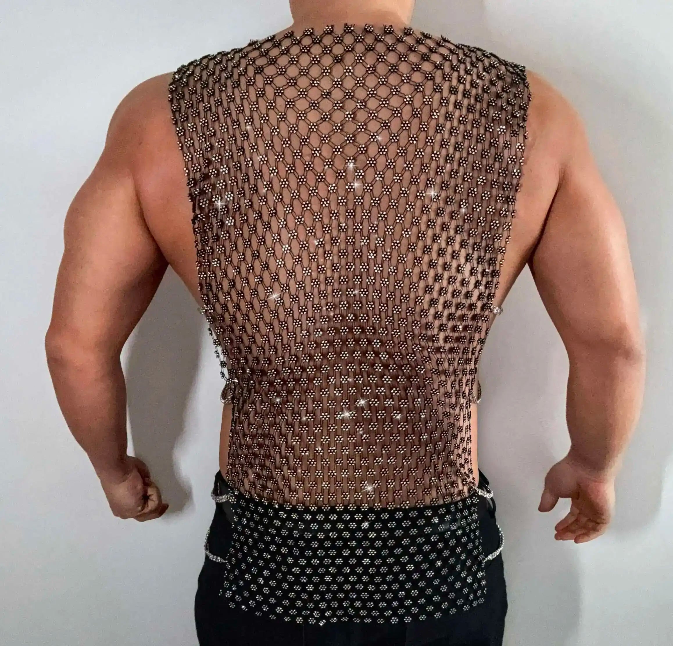 a sexy man in black crystal net tank showing toned torso and sparkle mesh detailing – pridevoyageshop.com – gay men’s harness, lingerie and fetish wear