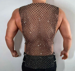 a sexy man in black crystal net tank showing toned torso and sparkle mesh detailing – pridevoyageshop.com – gay men’s harness, lingerie and fetish wear