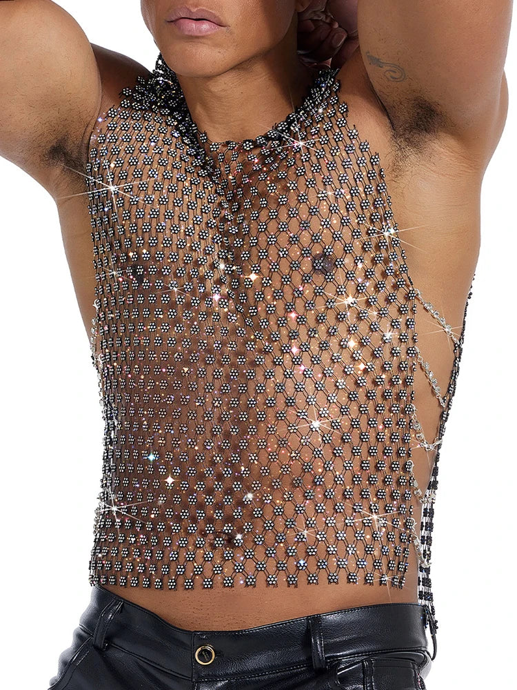 a sexy man in black crystal net tank showing toned torso and sparkle mesh detailing – pridevoyageshop.com – gay men’s harness, lingerie and fetish wear