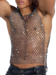 a sexy man in black crystal net tank showing toned torso and sparkle mesh detailing – pridevoyageshop.com – gay men’s harness, lingerie and fetish wear