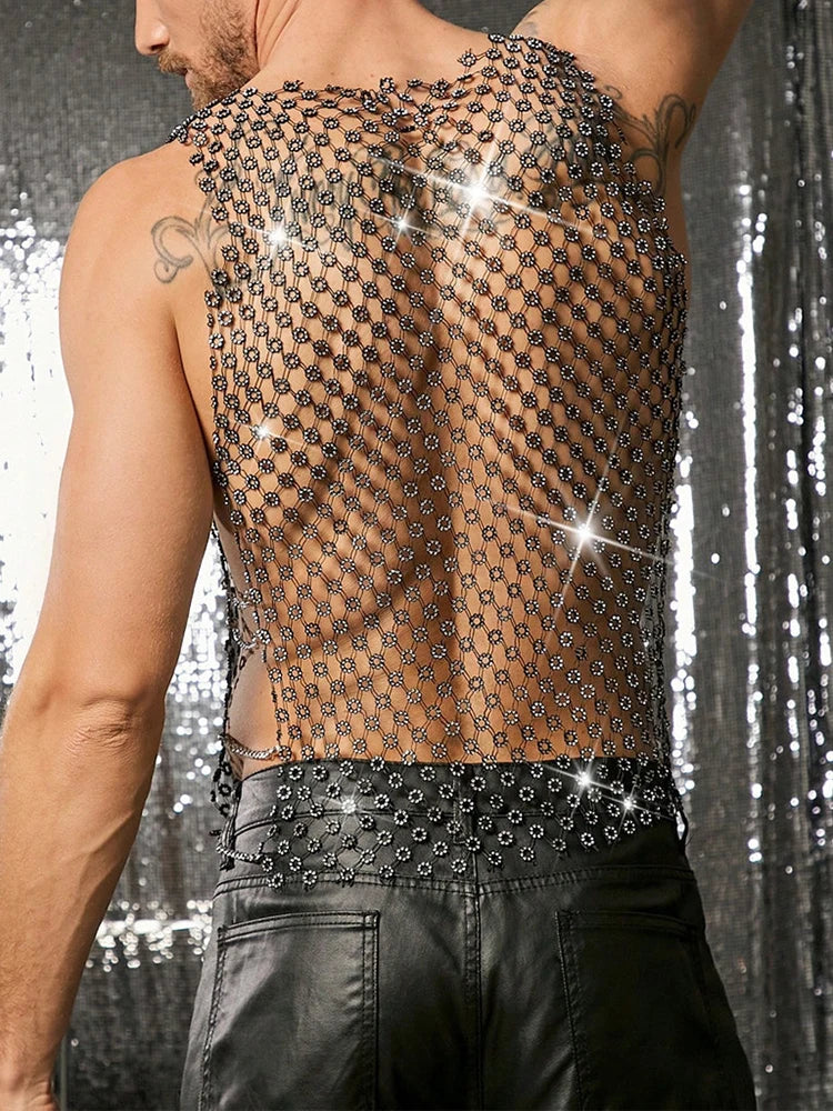 a sexy man in black crystal net tank showing toned torso and sparkle mesh detailing – pridevoyageshop.com – gay men’s harness, lingerie and fetish wear