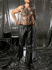 a sexy man in black crystal net tank showing toned torso and sparkle mesh detailing – pridevoyageshop.com – gay men’s harness, lingerie and fetish wear