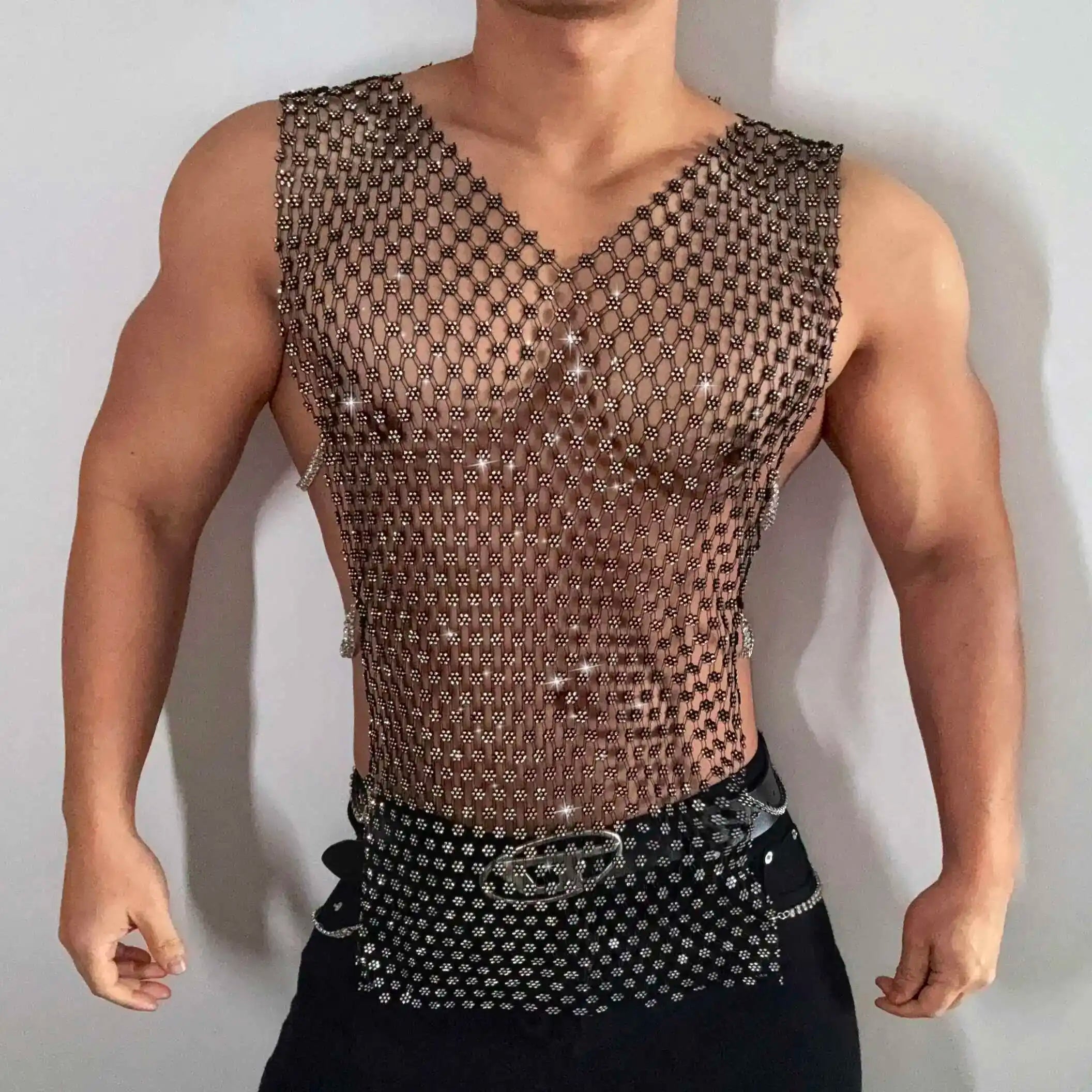 a sexy man in black crystal net tank showing toned torso and sparkle mesh detailing – pridevoyageshop.com – gay men’s harness, lingerie and fetish wear