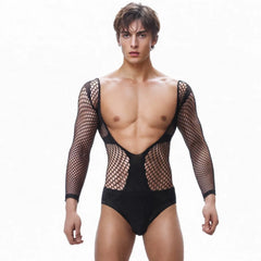 a sexy man in black fishnet teddy with open chest and thong cut showing bold dual-mood aesthetic – pridevoyageshop.com – gay men’s harness, lingerie and fetish wear
