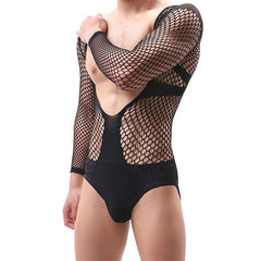 a sexy man in black fishnet teddy with open chest and thong cut showing bold dual-mood aesthetic – pridevoyageshop.com – gay men’s harness, lingerie and fetish wear
