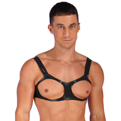 a sexy man in black high-shine vinyl harness with bold chest straps and metal buckles – pridevoyageshop.com – gay men’s harness, lingerie and fetish wear