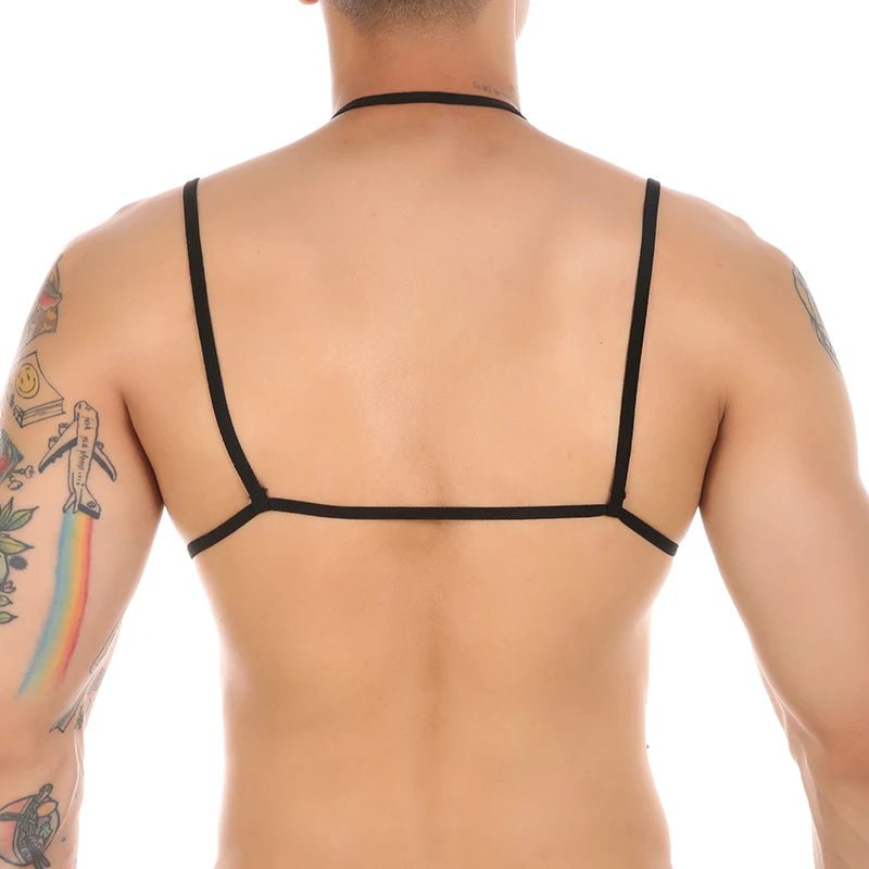 a sexy man in black lace T-bar collar bralette, sheer lace cups and nipple peek design, bold collar strap – pridevoyageshop.com – gay men’s harness, lingerie and fetish wear