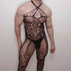 a sexy man in black lace X-halter backless bodystocking, sheer lace body, open back and thong bottom, seductive lingerie fit – pridevoyageshop.com – gay men’s harness, lingerie and fetish wear