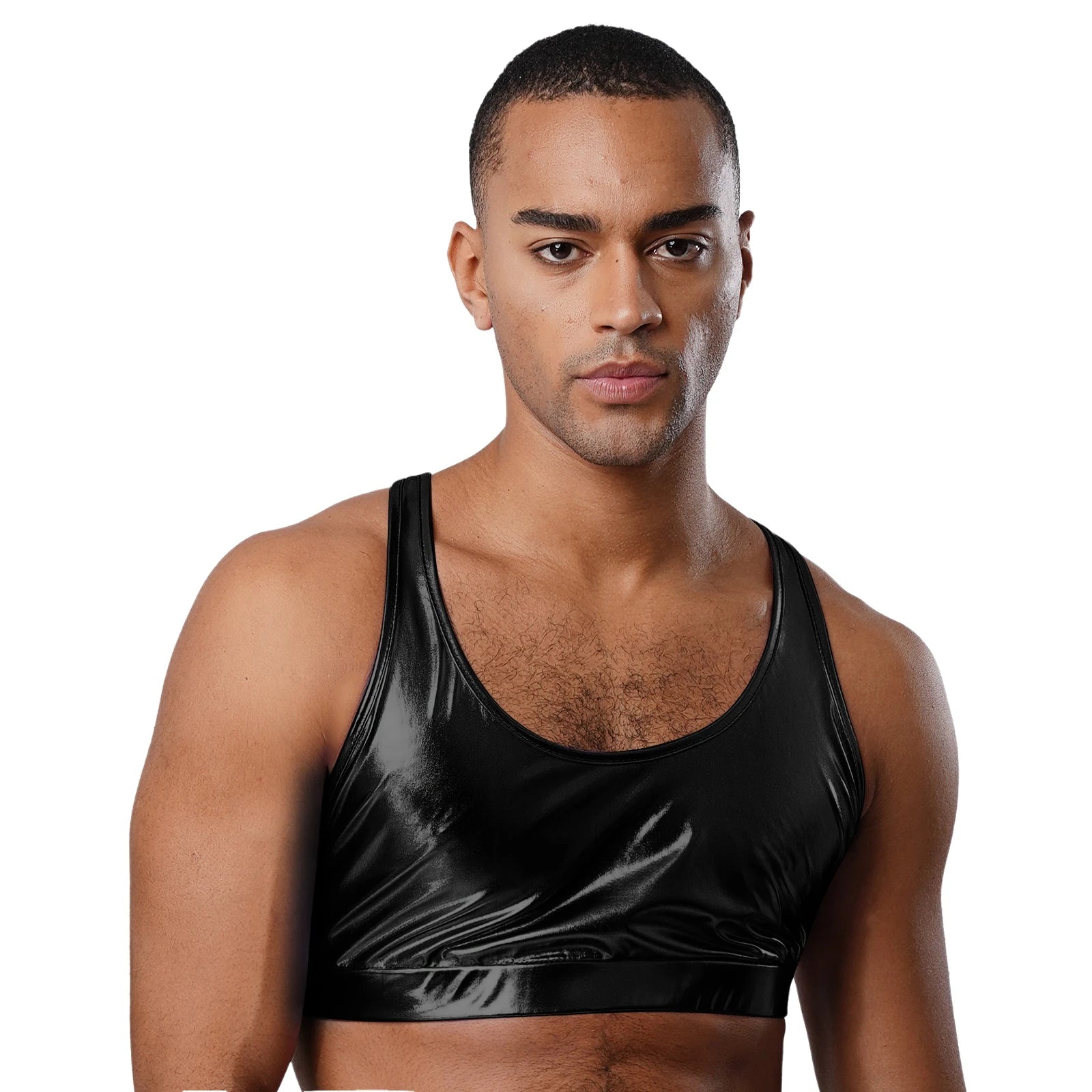 a sexy man in black metallic harness-back crop top, glossy fetish texture, chest-hugging fit and bold straps – pridevoyageshop.com – gay men’s harness, lingerie and fetish wear