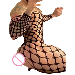 a sexy man in black pothole net bodystocking with exposed chest and torso cutouts, body-hugging mesh and bold stage-ready energy – pridevoyageshop.com – gay men’s harness, lingerie and fetish wear