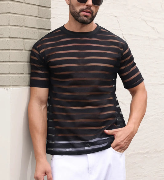 a sexy man in black striped The Venetian Sheer Stripe Tee - pridevoyageshop.com - gay men’s harness, lingerie and fetish wear