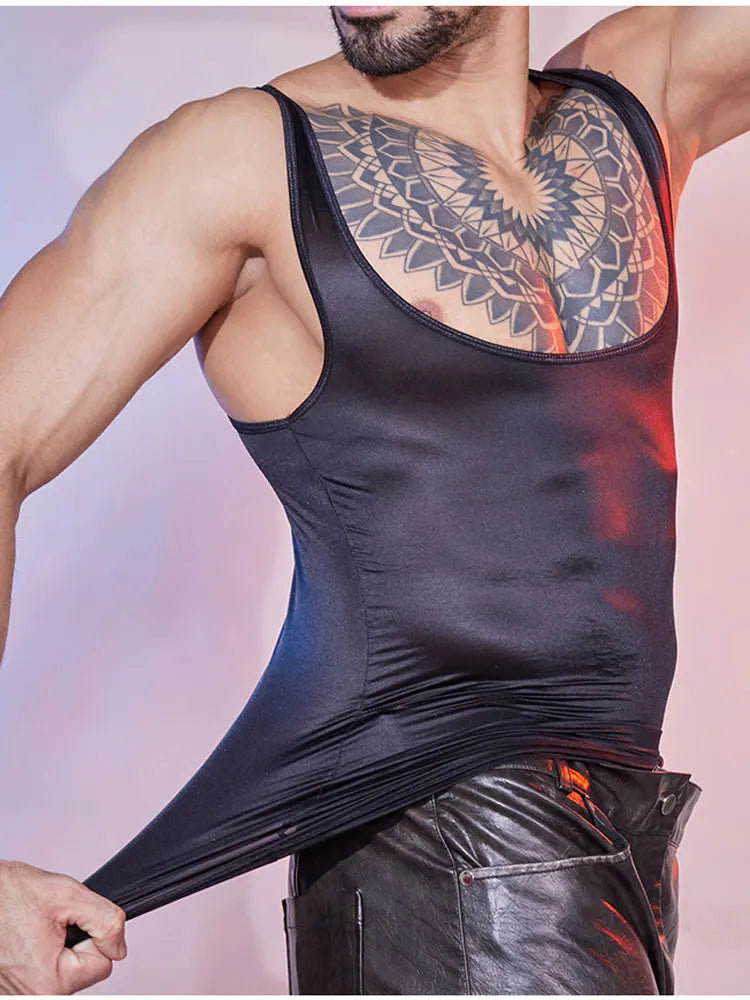a sexy man in black trim Men’s Serving Décolleté Tank - pridevoyageshop.com - gay men’s harness, lingerie and fetish wear