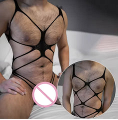 a sexy man in black web-mesh bodysuit, cut-out chest and hips, edgy fetish silhouette – pridevoyageshop.com – gay men’s harness, lingerie and fetish wear