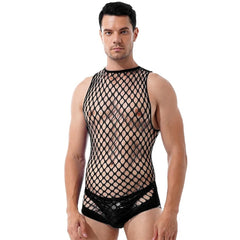 a sexy man in black wide-net tank bodysuit, open mesh net revealing chiseled torso, bold erotic style – pridevoyageshop.com – gay men’s harness, lingerie and fetish wear